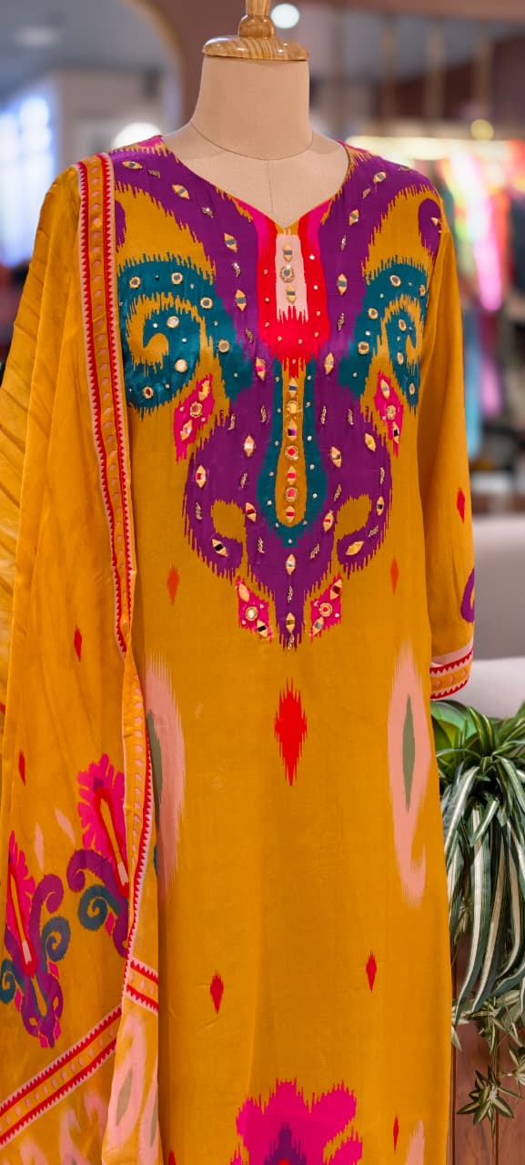 Ikkat Print Vibrant Color Combination Real Mirror Elegance Crepe Full Suit Set With Organza Dupatta, Lining Inside (Slightly Lean Fit)- 13754