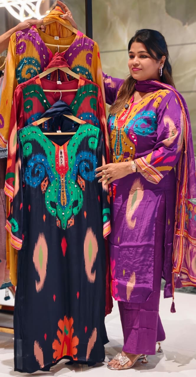Ikkat Print Vibrant Color Combination Real Mirror Elegance Crepe Full Suit Set With Organza Dupatta, Lining Inside (Slightly Lean Fit)- 13754