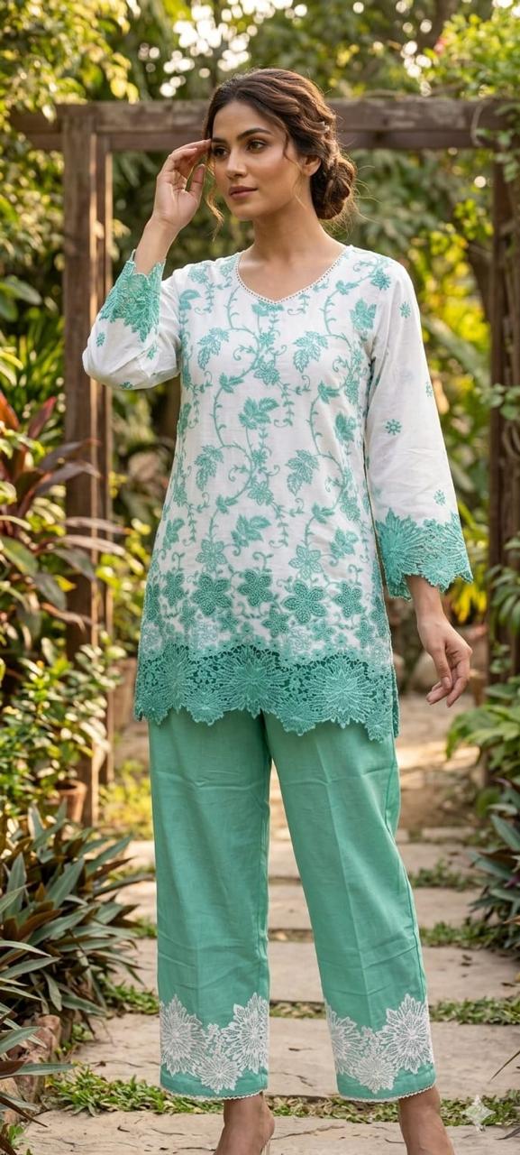 Very Fine Intricate Embroidery Minimal Laced Neck Line With Cut Work Co-Ord Set In Cotton Fabric With Lining- 13768