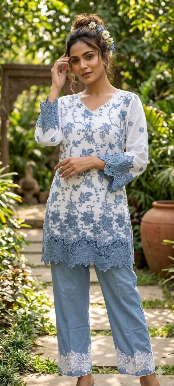 Very Fine Intricate Embroidery Minimal Laced Neck Line With Cut Work Co-Ord Set In Cotton Fabric With Lining- 13768