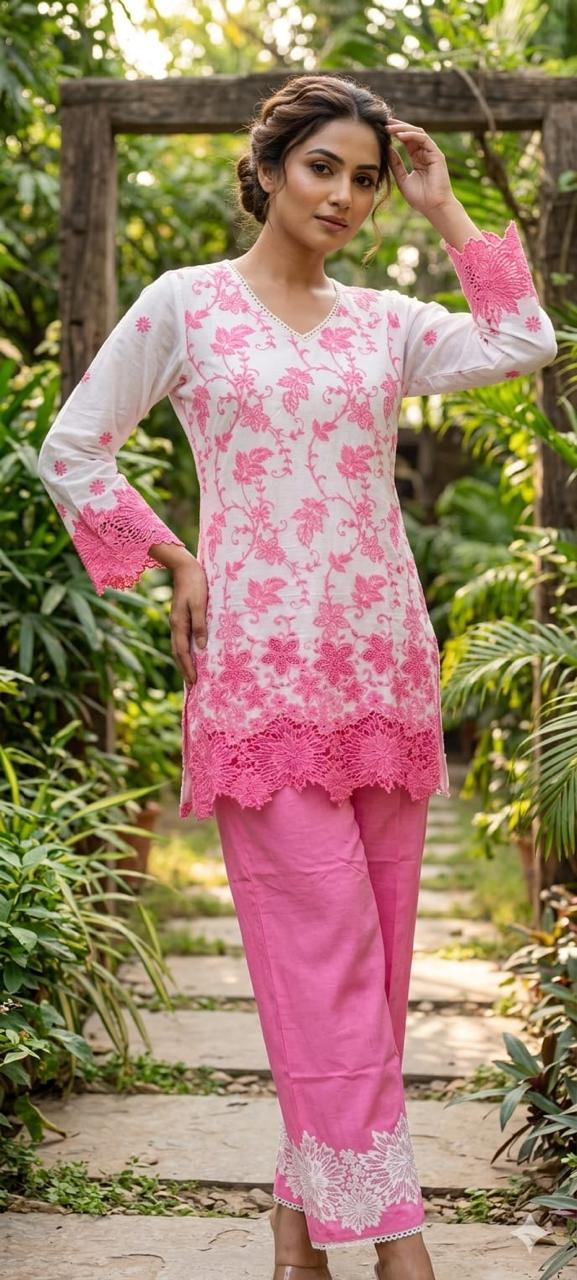 Very Fine Intricate Embroidery Minimal Laced Neck Line With Cut Work Co-Ord Set In Cotton Fabric With Lining- 13768