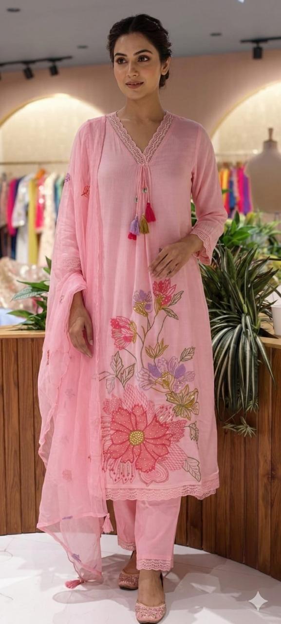 Floral Meadowed Patch Look Crosia Work A-Line Full Suit Set With Dupatta In Crush Cotton Fabric- 13780