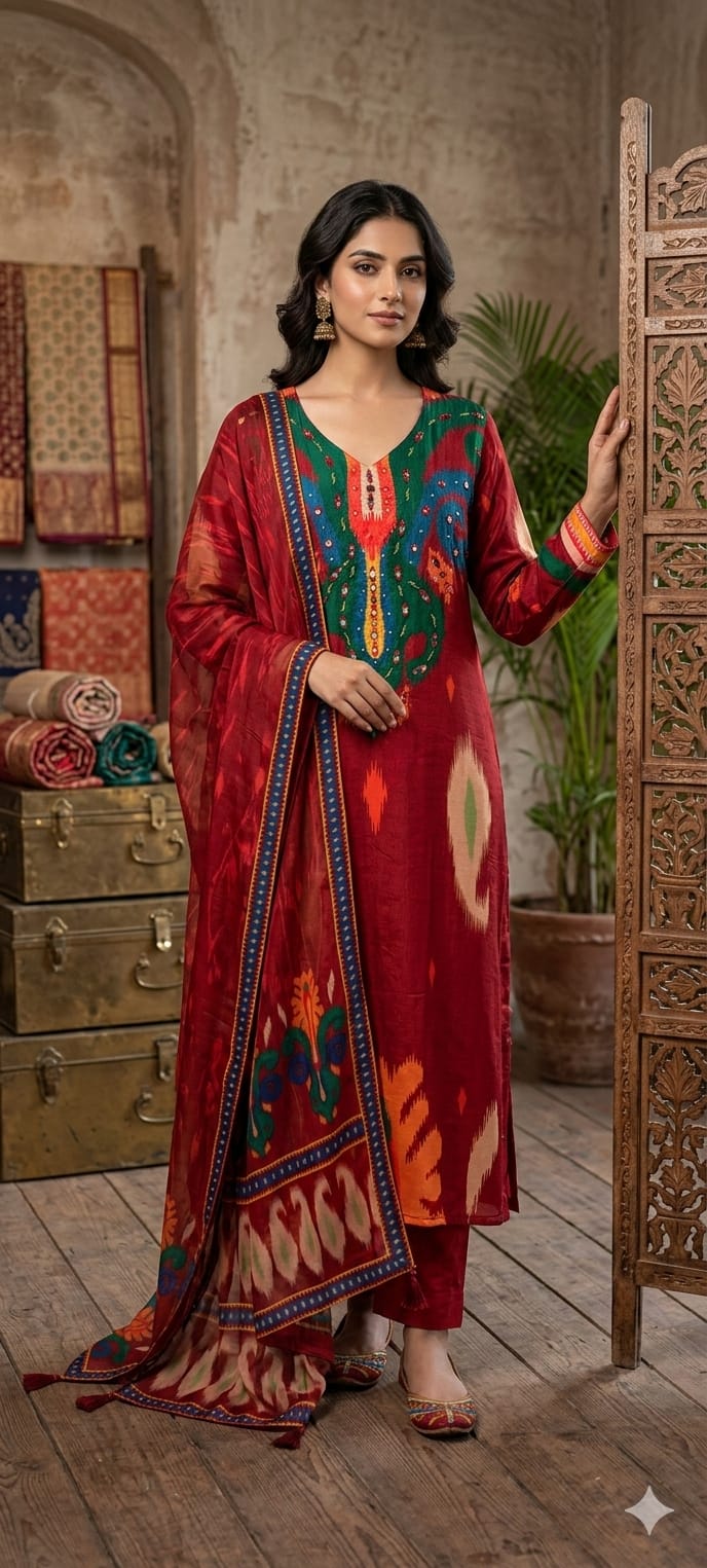 Ikkat Print Vibrant Color Combination Real Mirror Elegance Crepe Full Suit Set With Organza Dupatta, Lining Inside (Slightly Lean Fit)- 13754