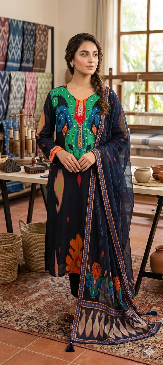 Ikkat Print Vibrant Color Combination Real Mirror Elegance Crepe Full Suit Set With Organza Dupatta, Lining Inside (Slightly Lean Fit)- 13754
