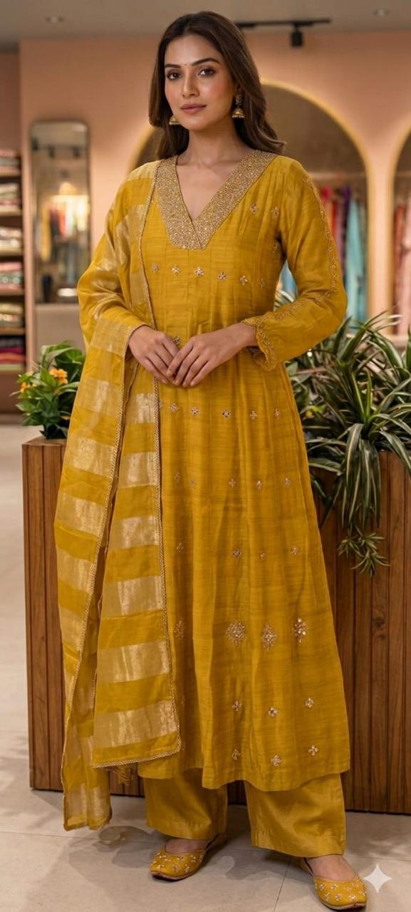 Elegant Real Mirror Embroidered With Cut Dana Panel Anarkali Full Suit Set With Dupatta In Mul Chanderi Fabric- 13763