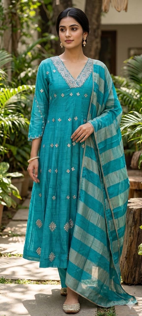 Elegant Real Mirror Embroidered With Cut Dana Panel Anarkali Full Suit Set With Dupatta In Mul Chanderi Fabric- 13763