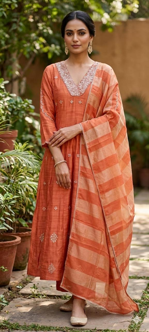 Elegant Real Mirror Embroidered With Cut Dana Panel Anarkali Full Suit Set With Dupatta In Mul Chanderi Fabric- 13763