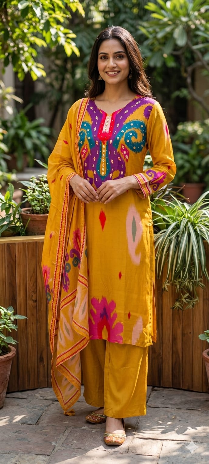 Ikkat Print Vibrant Color Combination Real Mirror Elegance Crepe Full Suit Set With Organza Dupatta, Lining Inside (Slightly Lean Fit)- 13754