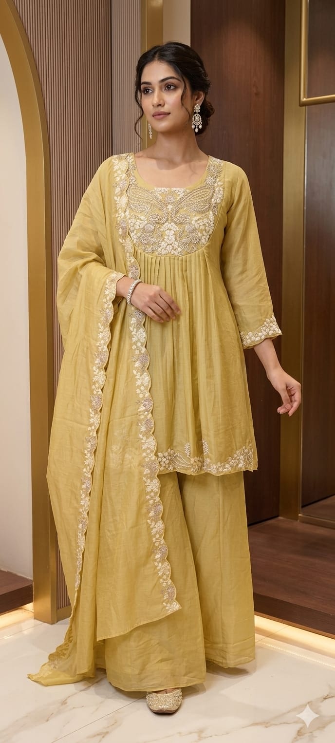 Zardosi Rich Look Yoke Suttle Short Length A-Line Full Suit Set With Loose Bottom In Mul Chanderi Fabric- 13722
