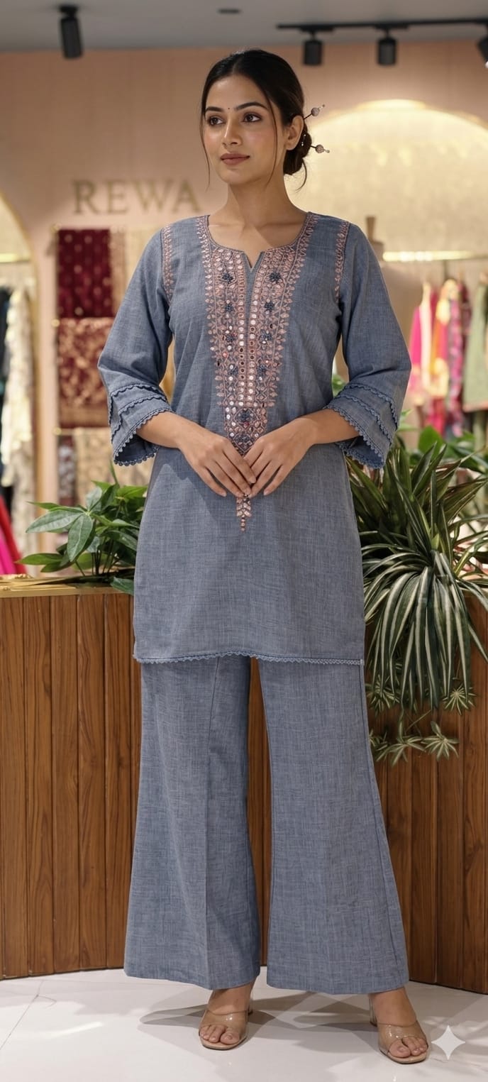 Real Mirror With Thread Upwork Coiled V-Yoke Kurta Pant Set In Jute Cotton Fabric- 13761