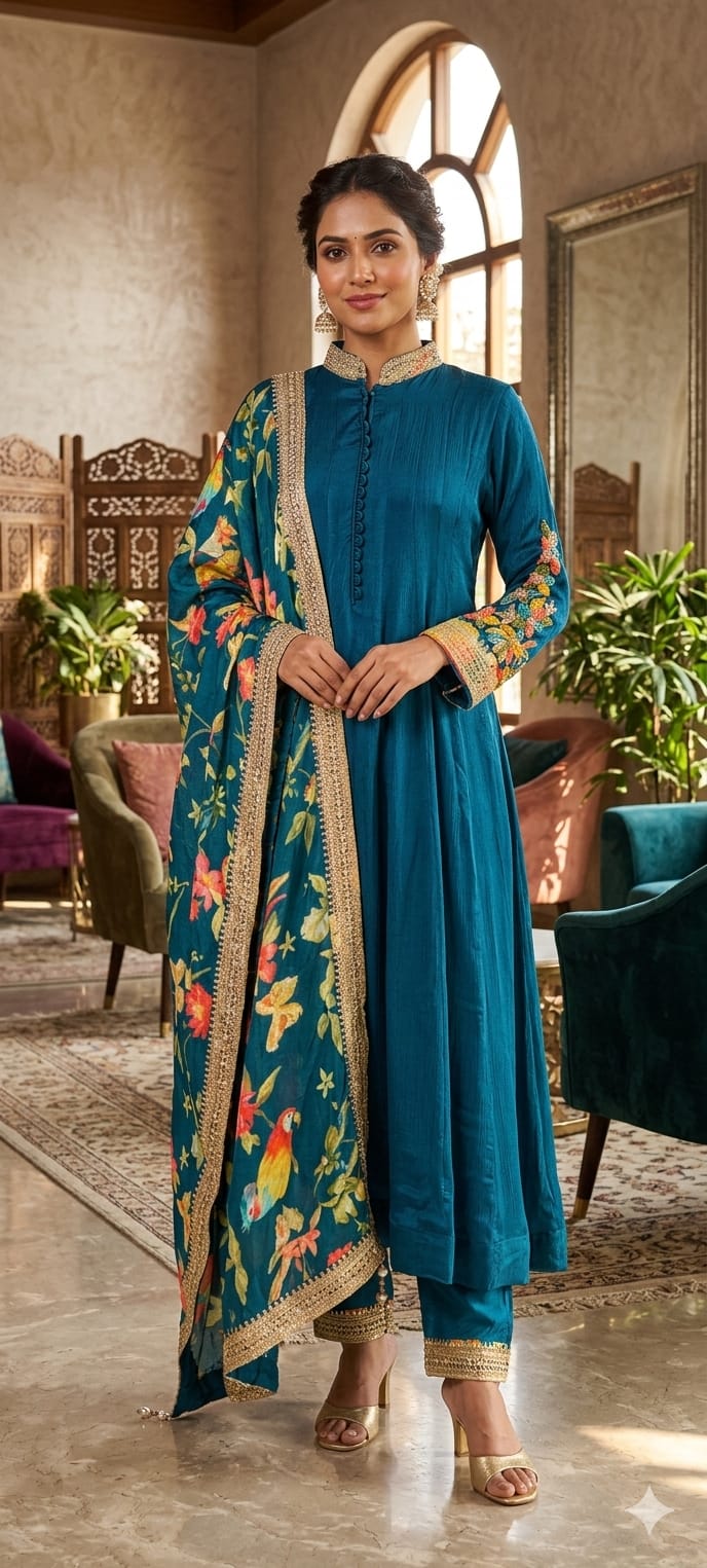 Premium Chinon Panel Anarkali Full Suit Set With Multicolor Floral Embroidery Work In Sleeve & Printed Dupatta- 13751
