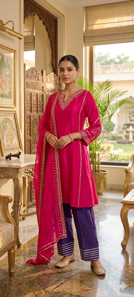 Tiny Sequin Detailing Hand Worked Contrast Mix Vibrant A-Line Full Suit Set With Dupatta In Russian Silk Fabric- 13808