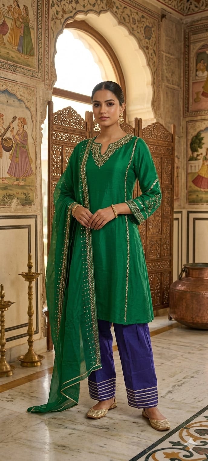 Tiny Sequin Detailing Hand Worked Contrast Mix Vibrant A-Line Full Suit Set With Dupatta In Russian Silk Fabric- 13808