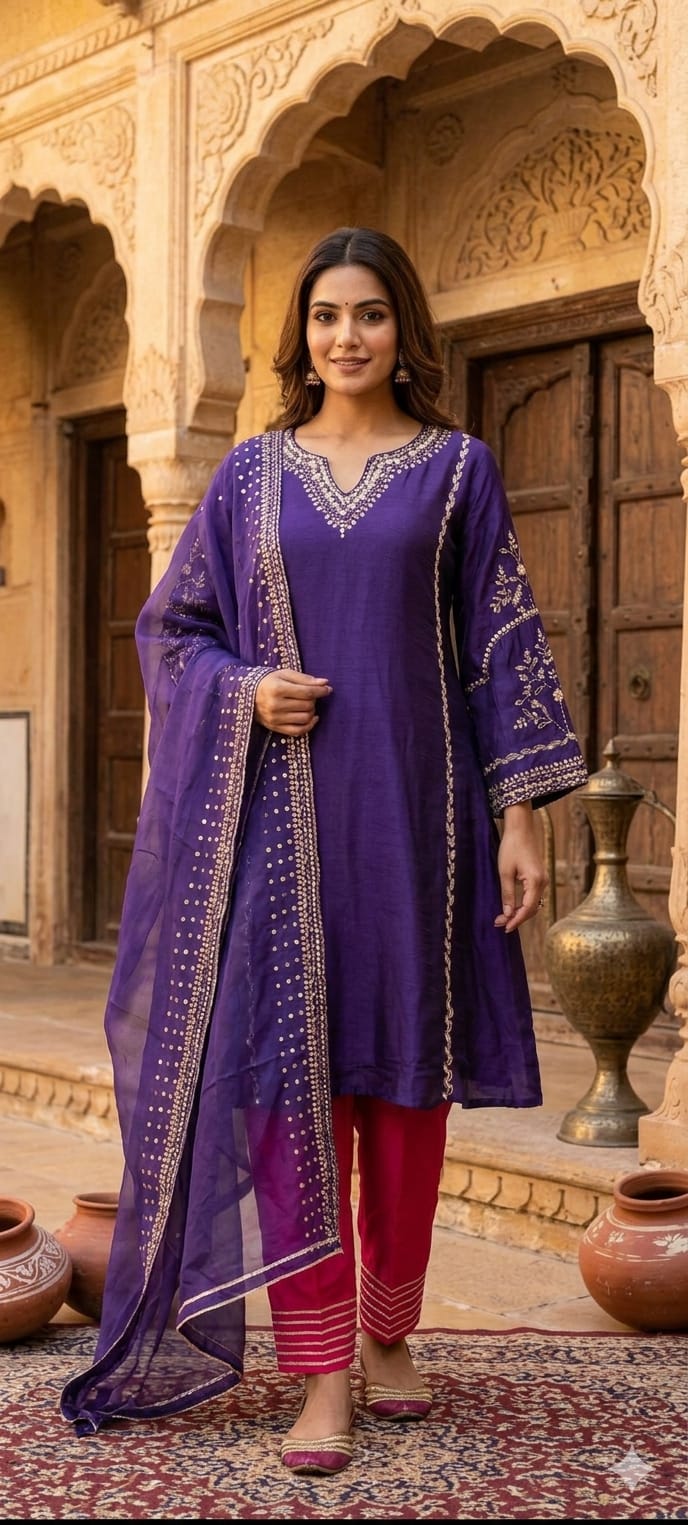 Tiny Sequin Detailing Hand Worked Contrast Mix Vibrant A-Line Full Suit Set With Dupatta In Russian Silk Fabric- 13808