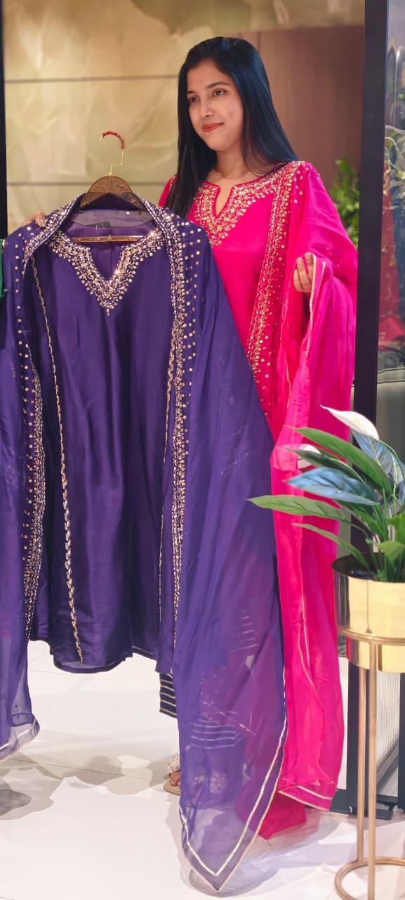 Tiny Sequin Detailing Hand Worked Contrast Mix Vibrant A-Line Full Suit Set With Dupatta In Russian Silk Fabric- 13808