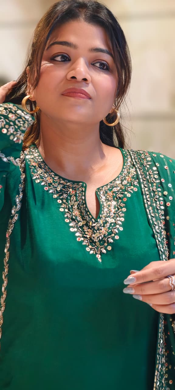 Tiny Sequin Detailing Hand Worked Contrast Mix Vibrant A-Line Full Suit Set With Dupatta In Russian Silk Fabric- 13808