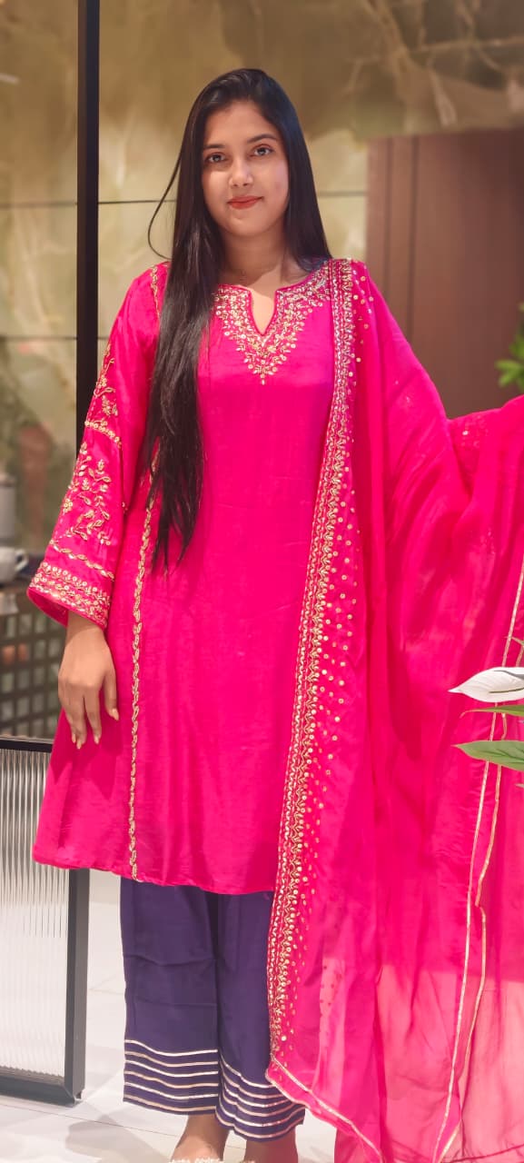 Tiny Sequin Detailing Hand Worked Contrast Mix Vibrant A-Line Full Suit Set With Dupatta In Russian Silk Fabric- 13808