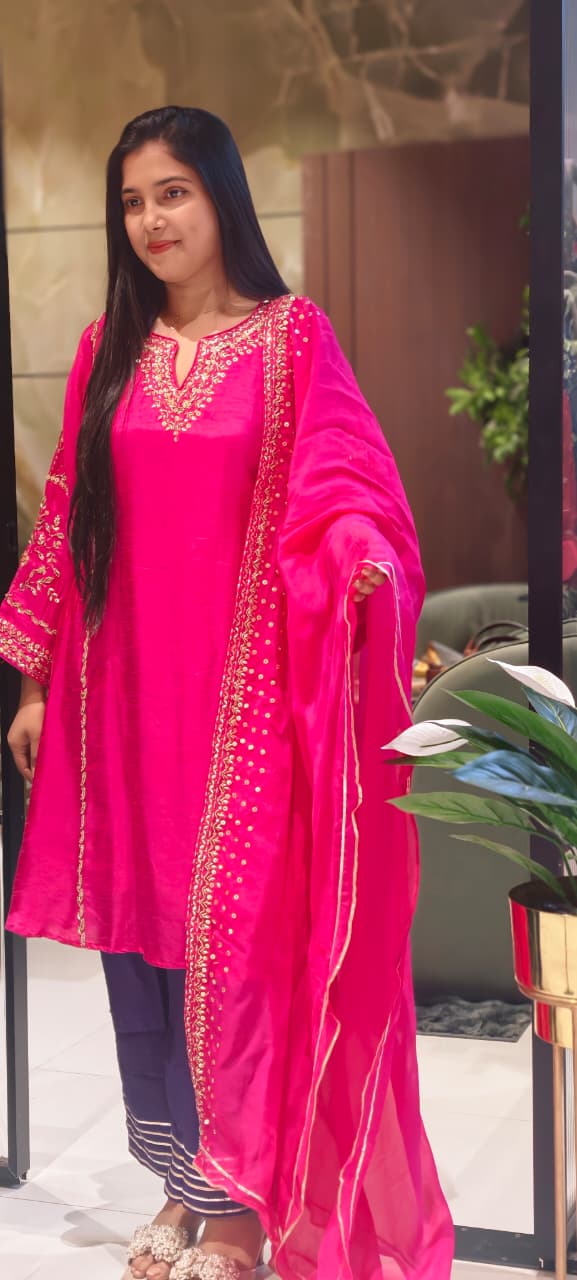 Tiny Sequin Detailing Hand Worked Contrast Mix Vibrant A-Line Full Suit Set With Dupatta In Russian Silk Fabric- 13808