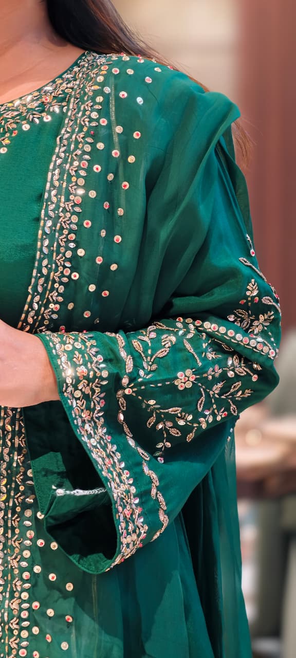 Tiny Sequin Detailing Hand Worked Contrast Mix Vibrant A-Line Full Suit Set With Dupatta In Russian Silk Fabric- 13808