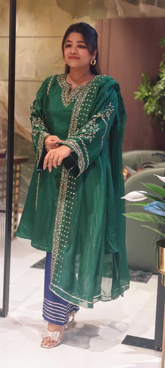 Tiny Sequin Detailing Hand Worked Contrast Mix Vibrant A-Line Full Suit Set With Dupatta In Russian Silk Fabric- 13808