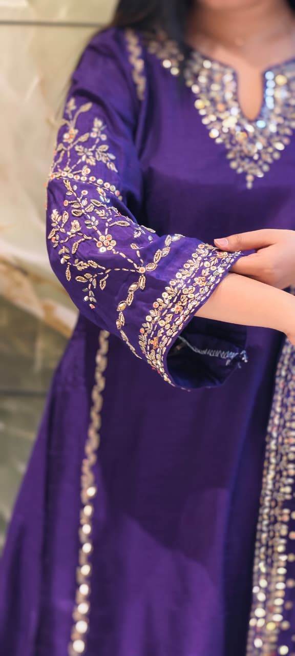 Tiny Sequin Detailing Hand Worked Contrast Mix Vibrant A-Line Full Suit Set With Dupatta In Russian Silk Fabric- 13808