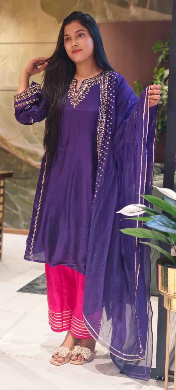 Tiny Sequin Detailing Hand Worked Contrast Mix Vibrant A-Line Full Suit Set With Dupatta In Russian Silk Fabric- 13808