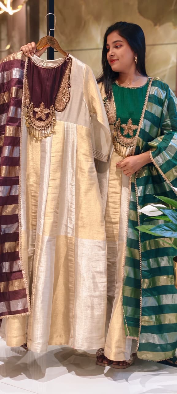 Classic Nior Grand Antique Jewel Look Yoke Tissue Elegance Striking Striped Panel Anarkali Full Suit Set With Dupatta- 13810