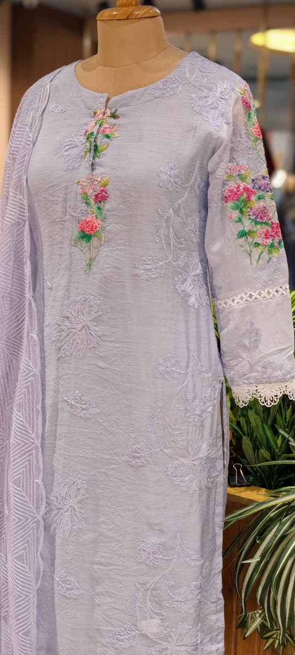 3D Floral Appliqués On Shoulder & Front Sheer Thread Embroidered Full Suit Set With Dupatta- 13681