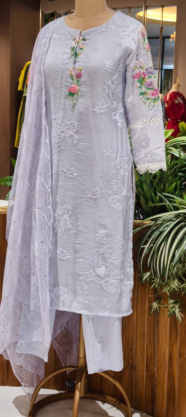 3D Floral Appliqués On Shoulder & Front Sheer Thread Embroidered Full Suit Set With Dupatta- 13681