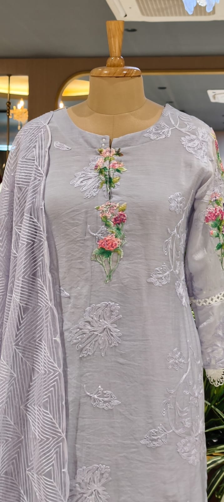 3D Floral Appliqués On Shoulder & Front Sheer Thread Embroidered Full Suit Set With Dupatta- 13681