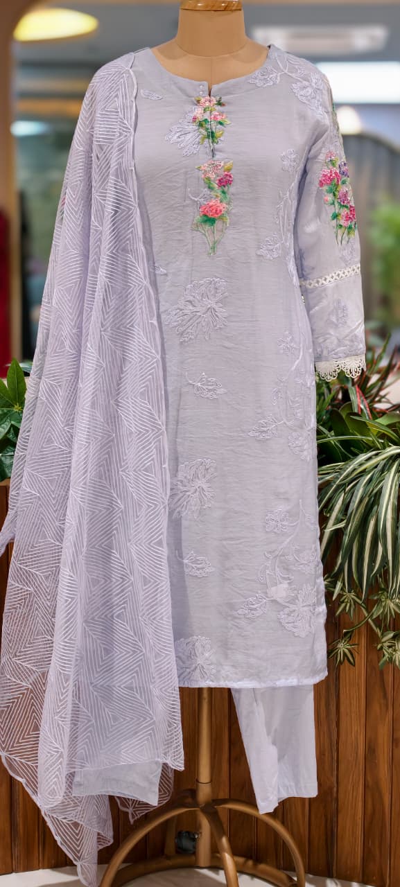 3D Floral Appliqués On Shoulder & Front Sheer Thread Embroidered Full Suit Set With Dupatta- 13681