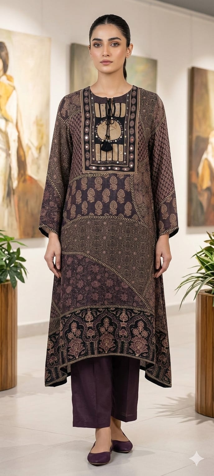Ajrakh Multi Prints Ethnic Wear A-Line Kurta Pant Set In Pure Crepe Fabric-13753