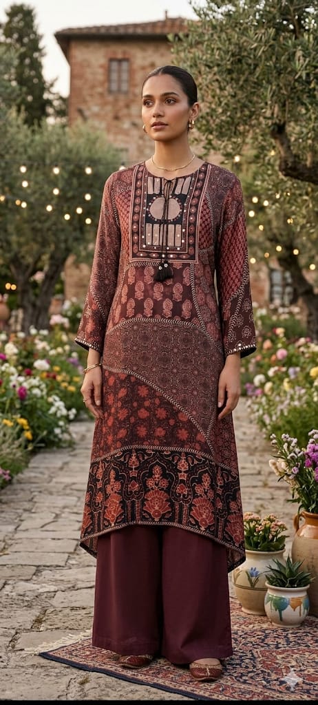 Ajrakh Multi Prints Ethnic Wear A-Line Kurta Pant Set In Pure Crepe Fabric-13753