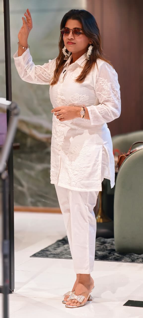 Pearl White Floral Embroidered Premium Cotton Co-Ord Set With Tiny Pearl & Sequin Placket- 13829