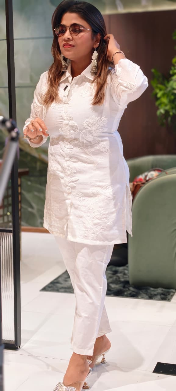 Pearl White Floral Embroidered Premium Cotton Co-Ord Set With Tiny Pearl & Sequin Placket- 13829