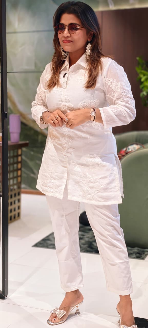 Pearl White Floral Embroidered Premium Cotton Co-Ord Set With Tiny Pearl & Sequin Placket- 13829