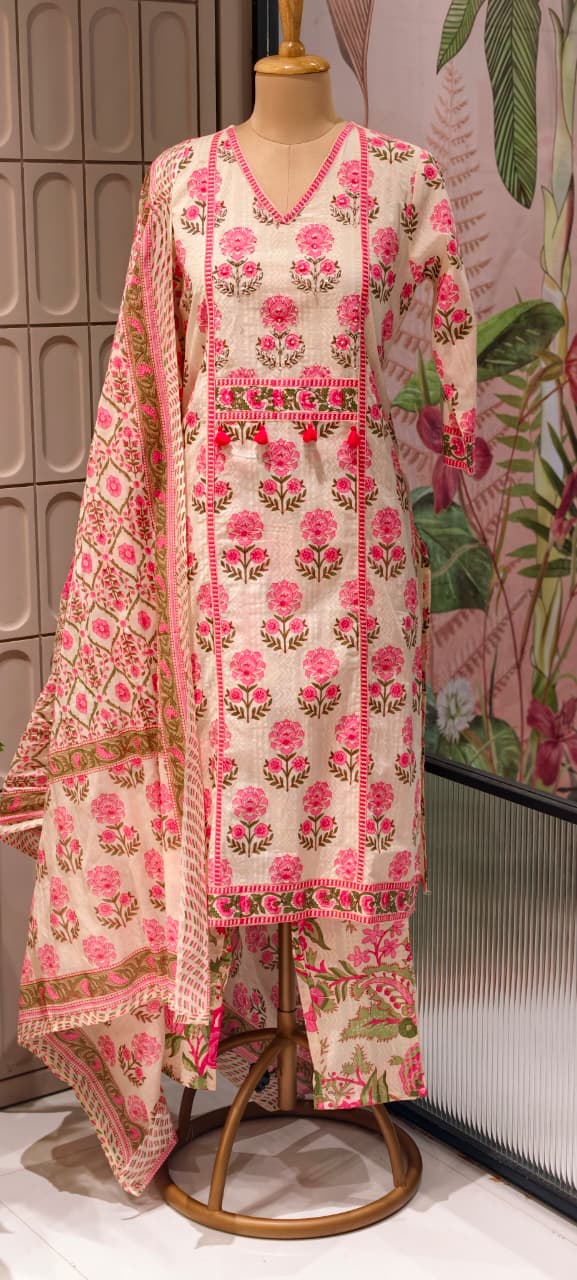 Summer Cotton Block Print With little embroidered Full Suit Set 13621