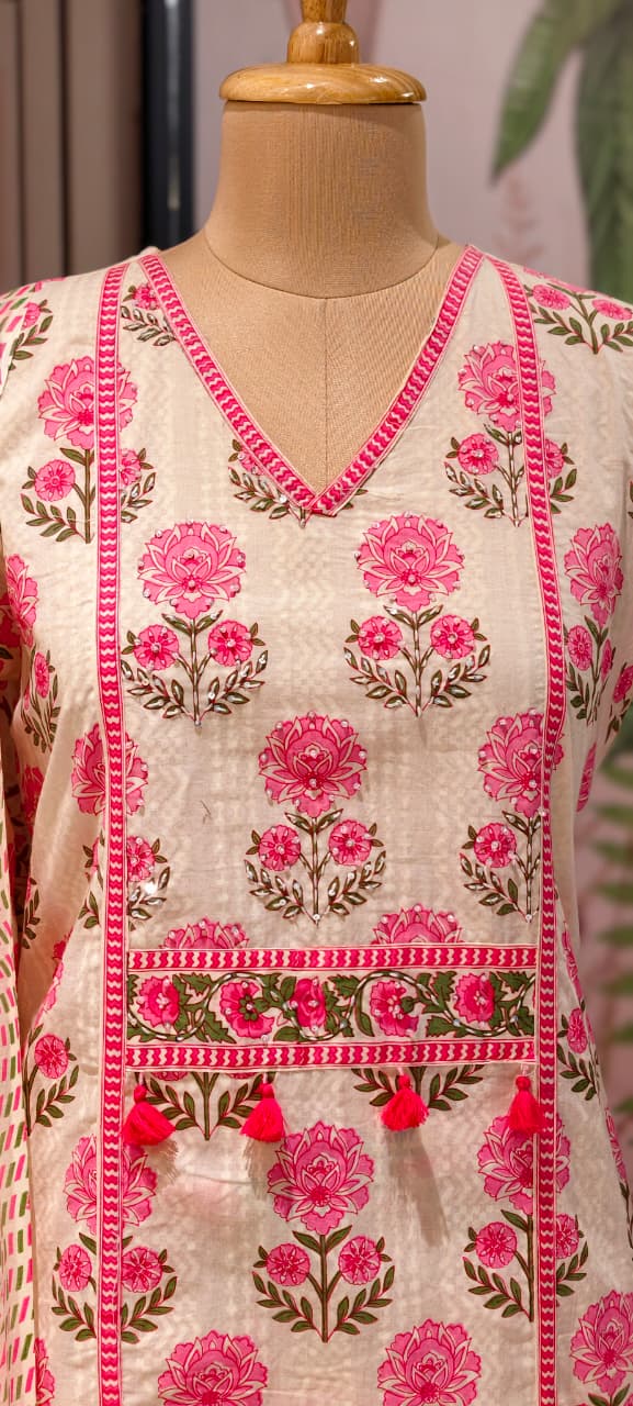 Summer Cotton Block Print With little embroidered Full Suit Set 13621