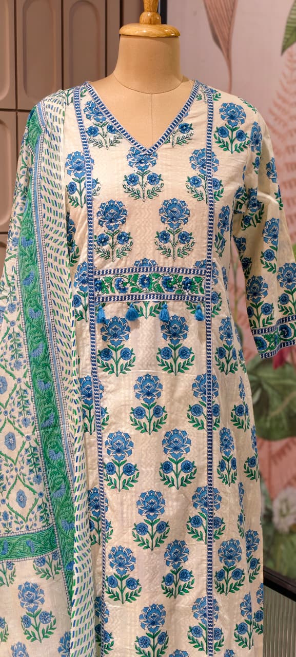 Summer Cotton Block Print With little embroidered Full Suit Set 13621