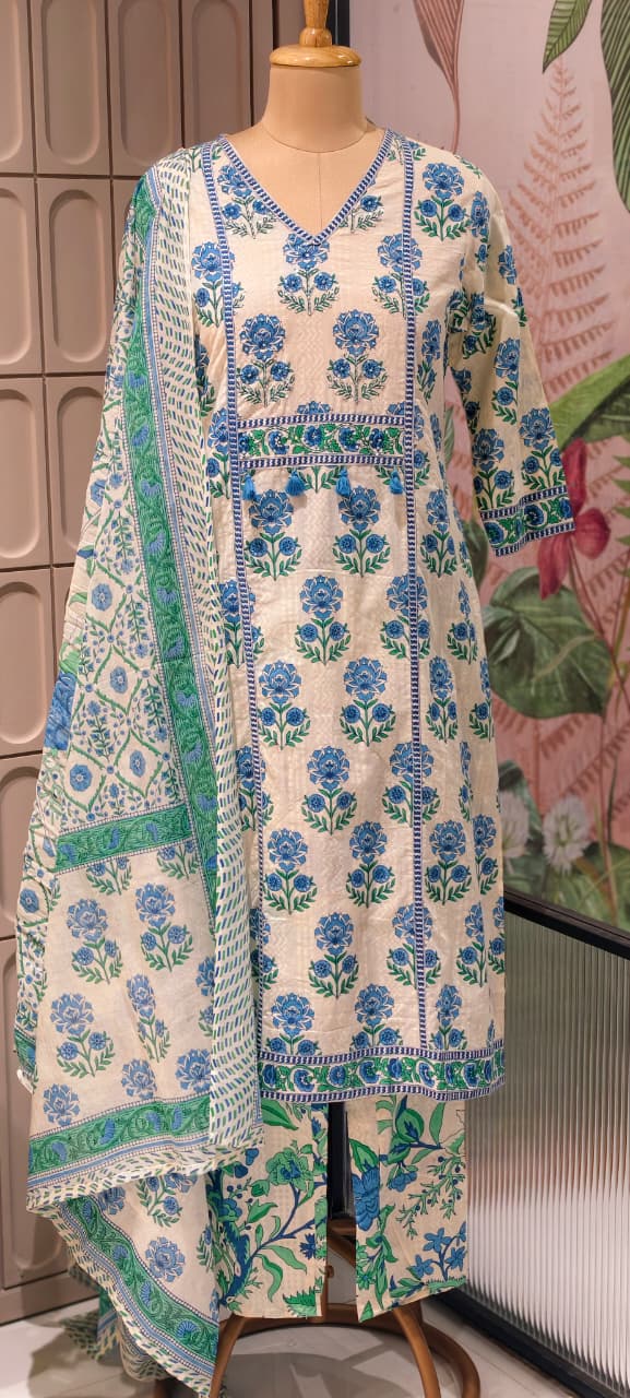 Summer Cotton Block Print With little embroidered Full Suit Set 13621