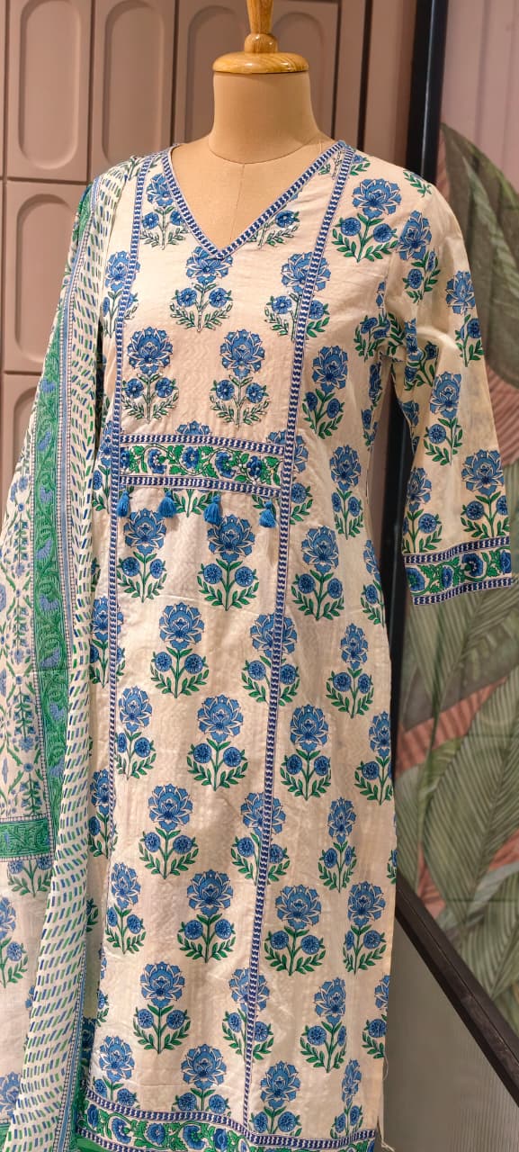 Summer Cotton Block Print With little embroidered Full Suit Set 13621