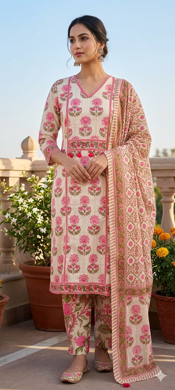 Summer Cotton Block Print With little embroidered Full Suit Set 13621