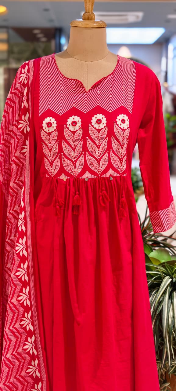 Premium Cotton Embroidered Aline Kurta With Bottom And Dupatta 13840