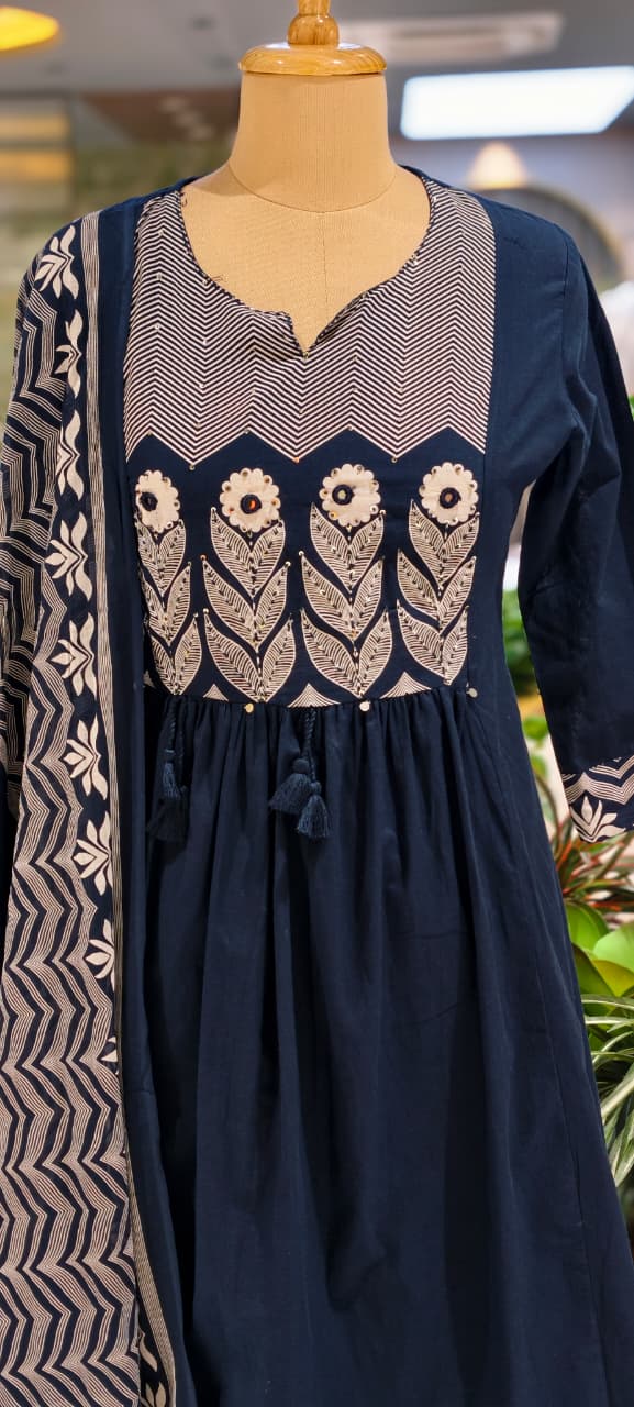 Premium Cotton Embroidered Aline Kurta With Bottom And Dupatta 13840