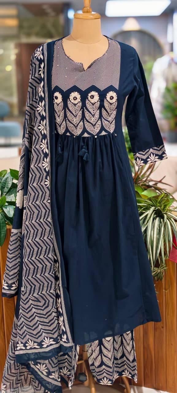 Premium Cotton Embroidered Aline Kurta With Bottom And Dupatta 13840