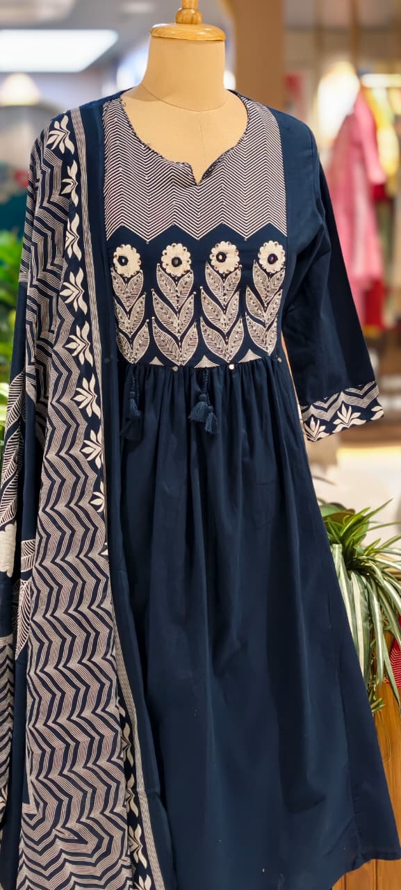 Premium Cotton Embroidered Aline Kurta With Bottom And Dupatta 13840