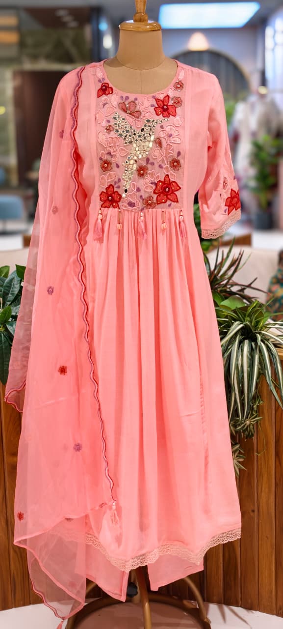 Beautiful Colors Crush Cotton Embroidered Yoke Aline Full Suit Set Polly Organza  Dupatta  13838