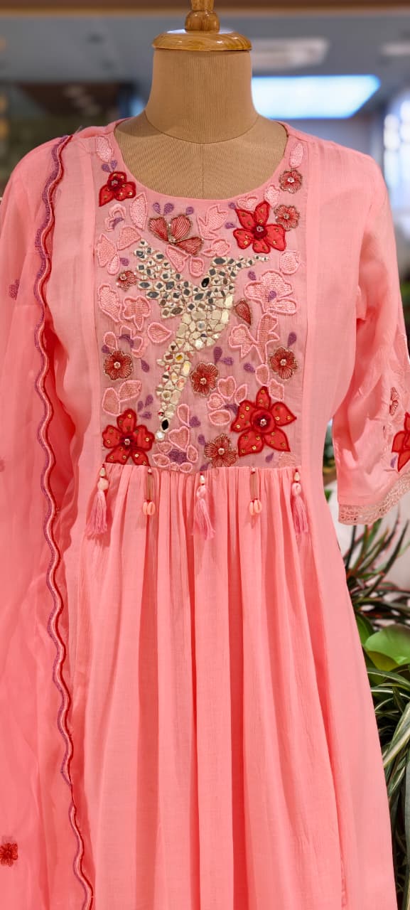 Beautiful Colors Crush Cotton Embroidered Yoke Aline Full Suit Set Polly Organza  Dupatta  13838