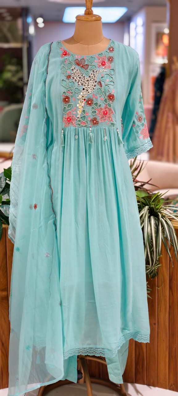 Beautiful Colors Crush Cotton Embroidered Yoke Aline Full Suit Set Polly Organza  Dupatta  13838