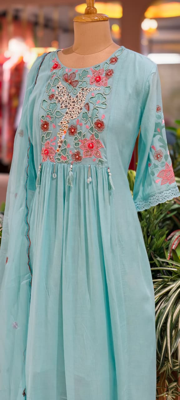 Beautiful Colors Crush Cotton Embroidered Yoke Aline Full Suit Set Polly Organza  Dupatta  13838